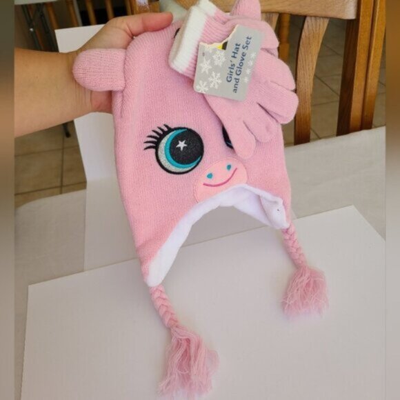 Kids Girls Pink Unicorn Fleece Fall Winter Hat and Glove Mitten Set - Picture 3 of 6
